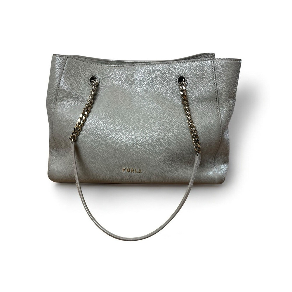 Furla Gray Genuine Leather Julia Chain Tote Authentic Medium Shoulder Bag Purse
